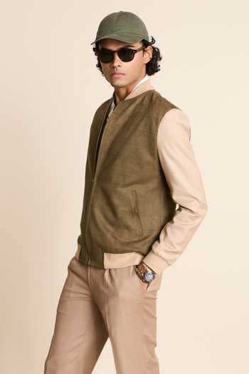 Gargee Designers_Green Suede, Polyester Ribbed Neck Bomber Jacket _Online_at_Aza_Fashions