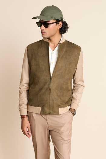 Buy_Gargee Designers_Green Suede, Polyester Ribbed Neck Bomber Jacket _Online_at_Aza_Fashions