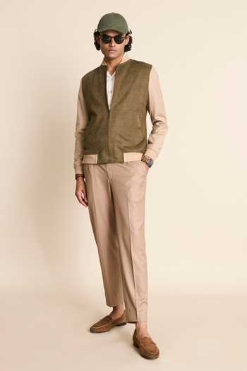 Shop_Gargee Designers_Green Suede, Polyester Ribbed Neck Bomber Jacket _Online_at_Aza_Fashions