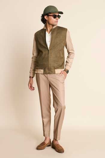 Gargee Designers_Green Suede, Polyester Ribbed Neck Bomber Jacket _at_Aza_Fashions