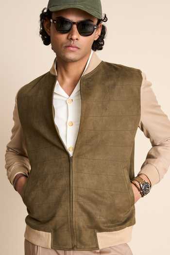 Buy Gargee Designers Green Suede, Polyester Ribbed Neck Bomber Jacket Buy_Gargee Designers_Green Suede, Polyester Ribbed Neck Bomber Jacket