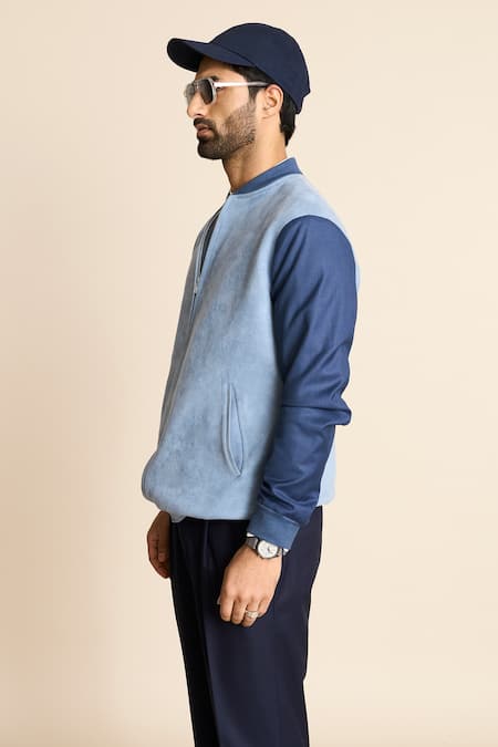 Buy_Gargee Designers_Blue Suede, Polyester Bomber Jacket _Online_at_Aza_Fashions