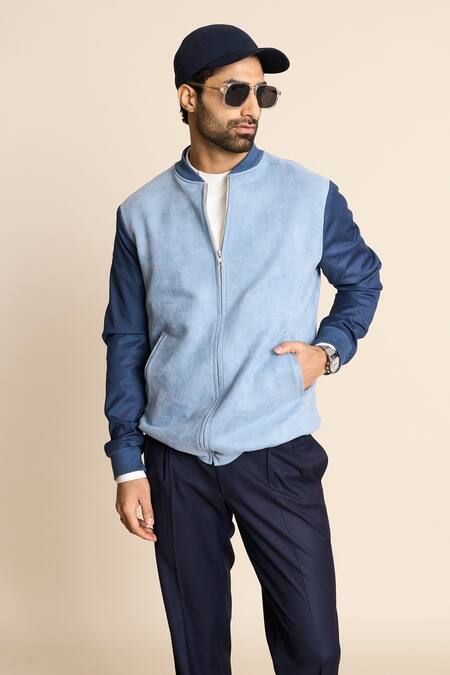 Shop_Gargee Designers_Blue Suede, Polyester Bomber Jacket _Online_at_Aza_Fashions