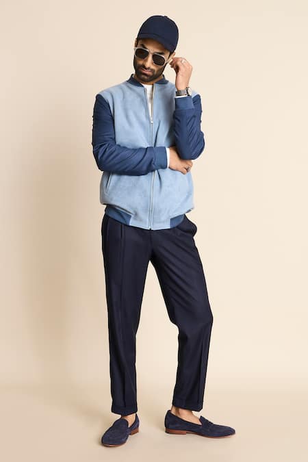 Gargee Designers_Blue Suede, Polyester Bomber Jacket _at_Aza_Fashions