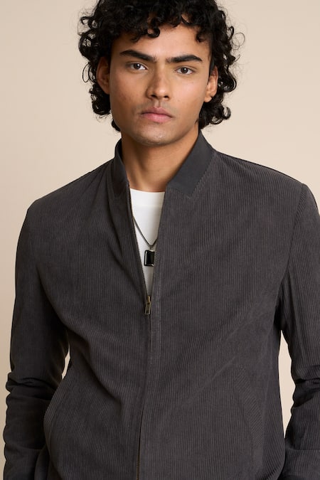 Buy_Gargee Designers_Grey Corduroy, Polyester, Viscose Front Zipper Bomber Jacket _Online_at_Aza_Fashions