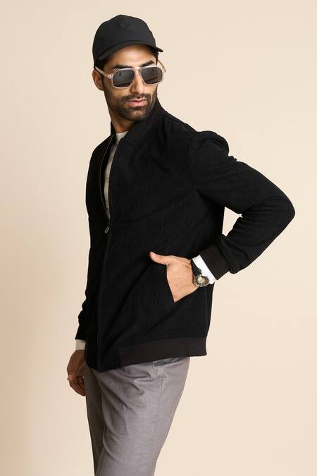 Gargee Designers_Black Corduroy, Polyester, Viscose Bomber Jacket _Online_at_Aza_Fashions