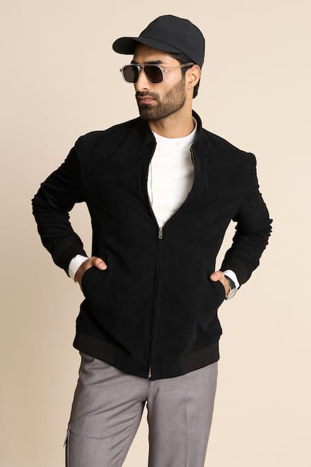 Buy_Gargee Designers_Black Corduroy, Polyester, Viscose Bomber Jacket _Online_at_Aza_Fashions