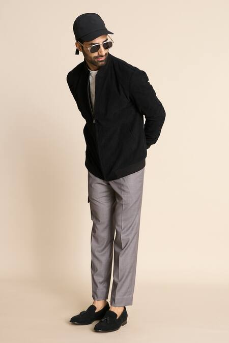 Shop_Gargee Designers_Black Corduroy, Polyester, Viscose Bomber Jacket _Online_at_Aza_Fashions