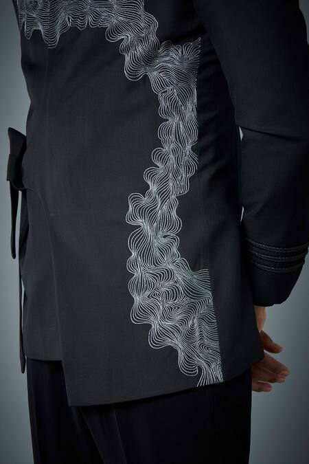 Gargee Designers_Black Polyester Embroidery Ripple Side Knot Bandhgala Set_Online_at_Aza_Fashions