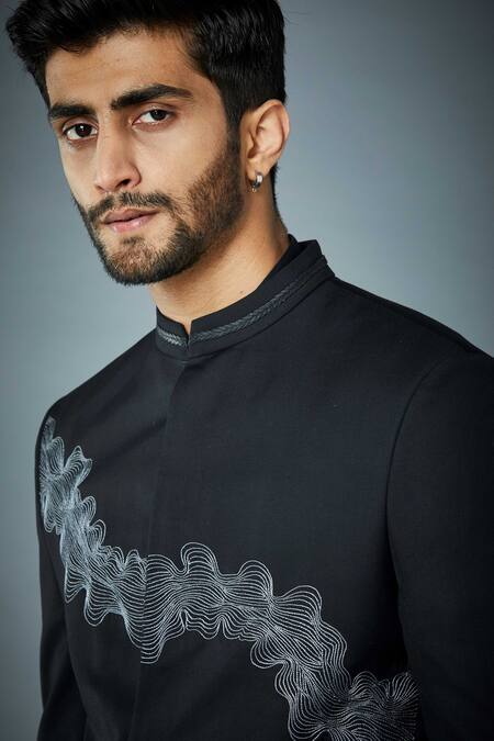 Buy_Gargee Designers_Black Polyester Embroidery Ripple Side Knot Bandhgala Set_Online_at_Aza_Fashions