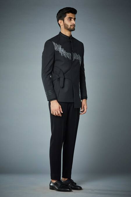 Shop_Gargee Designers_Black Polyester Embroidery Ripple Side Knot Bandhgala Set_Online_at_Aza_Fashions