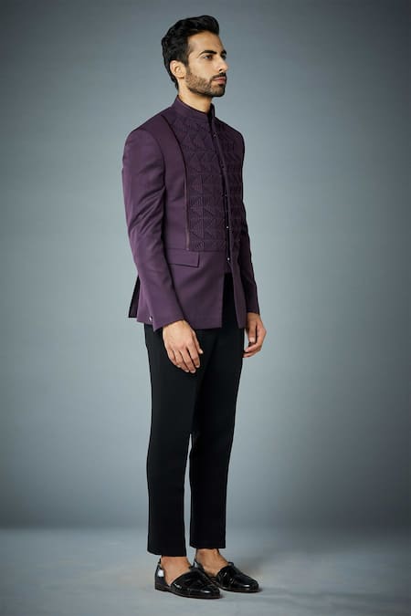 Gargee Designers_Purple Polyester, Wool Pintuck Detail Bandhgala Set _Online_at_Aza_Fashions
