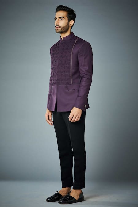 Buy_Gargee Designers_Purple Polyester, Wool Pintuck Detail Bandhgala Set _Online_at_Aza_Fashions