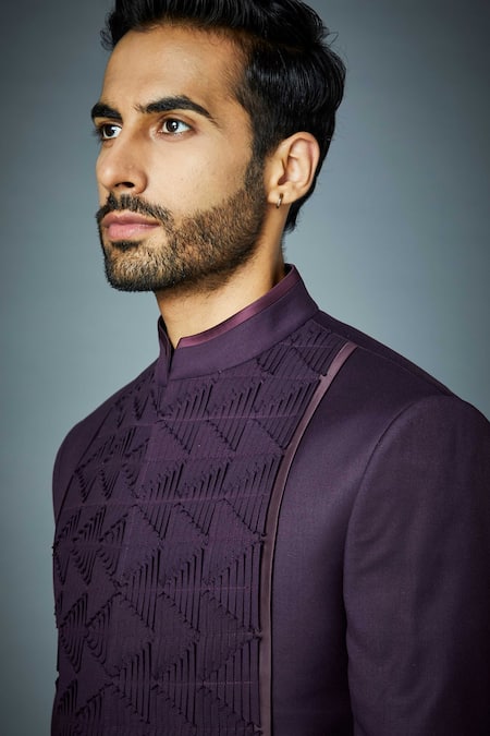 Shop Gargee Designers Purple Polyester, Wool Pintuck Detail Bandhgala Set Online at Aza Fashions Shop_Gargee Designers_Purple Polyester, Wool Pintuck Detail Bandhgala Set _Online_at_Aza_Fashions