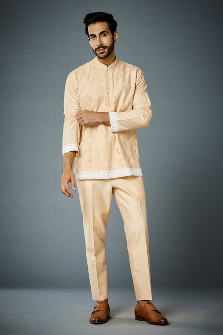 Gargee Designers_Beige Cotton Silk Lacework Bandhgala Set _Online_at_Aza_Fashions