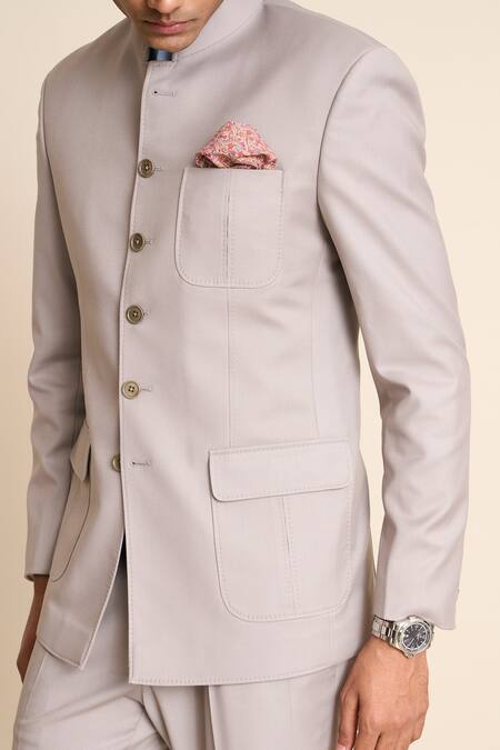 Gargee Designers_Grey Polyester, Viscose Patch Pocket Bandhgala And Pant Set _Online_at_Aza_Fashions