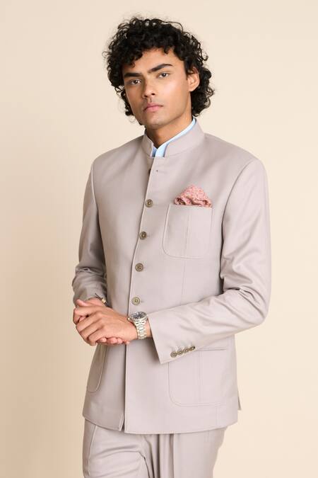 Buy_Gargee Designers_Grey Polyester, Viscose Patch Pocket Bandhgala And Pant Set _Online_at_Aza_Fashions