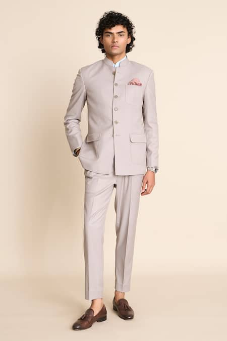 Gargee Designers_Grey Polyester, Viscose Patch Pocket Bandhgala And Pant Set _at_Aza_Fashions