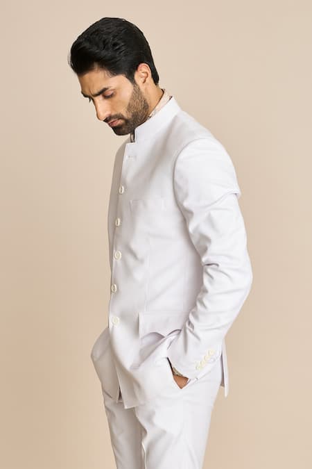 Shop_Gargee Designers_White Polyester, Viscose Embroidery Curved Patch Pocket Bandhgala And Pant Set _Online_at_Aza_Fashions