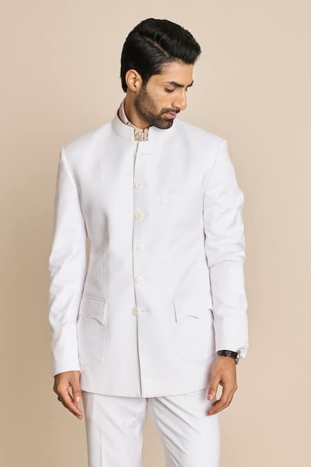 Gargee Designers_White Polyester, Viscose Embroidery Curved Patch Pocket Bandhgala And Pant Set _at_Aza_Fashions