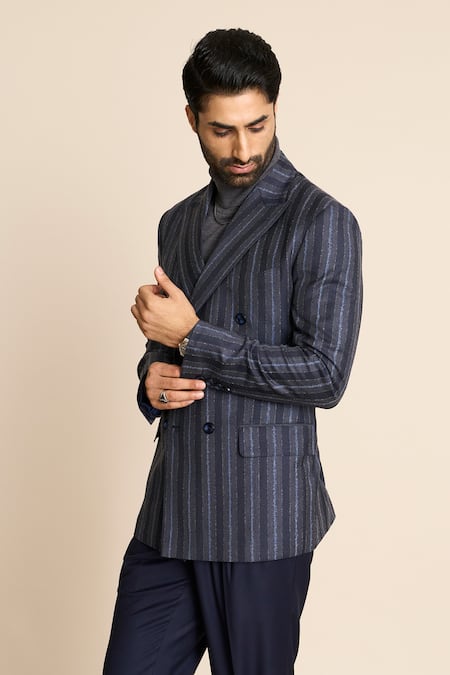 Gargee Designers_Blue Wool Striped Pattern Double Breasted Blazer_Online_at_Aza_Fashions