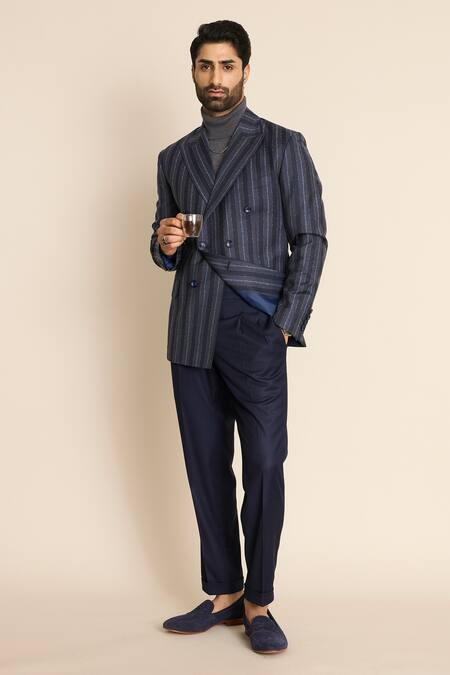 Buy_Gargee Designers_Blue Wool Striped Pattern Double Breasted Blazer_Online_at_Aza_Fashions
