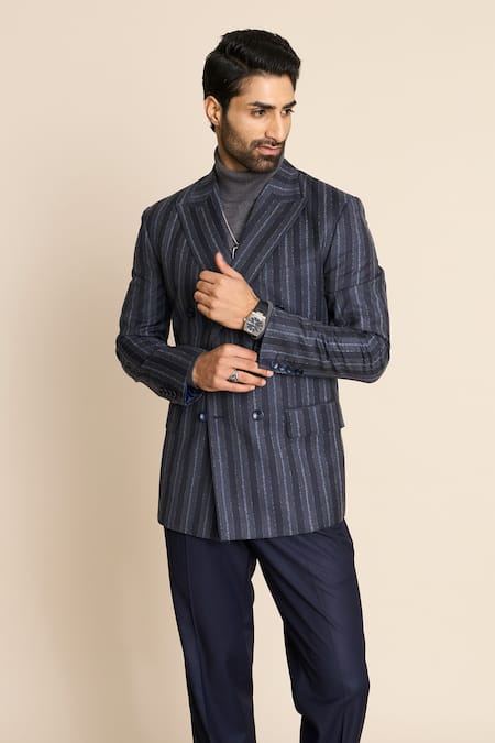 Gargee Designers_Blue Wool Striped Pattern Double Breasted Blazer_at_Aza_Fashions