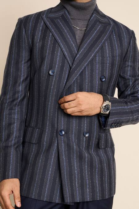 Buy_Gargee Designers_Blue Wool Striped Pattern Double Breasted Blazer