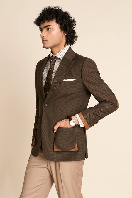 Buy_Gargee Designers_Brown Terrycloth Checkered Pattern Single Breasted Blazer_Online_at_Aza_Fashions