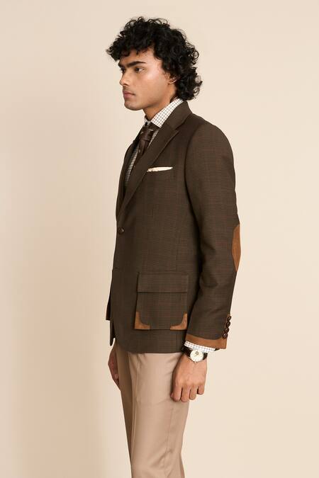 Shop_Gargee Designers_Brown Terrycloth Checkered Pattern Single Breasted Blazer_Online_at_Aza_Fashions