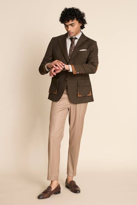 Gargee Designers_Brown Terrycloth Checkered Pattern Single Breasted Blazer_at_Aza_Fashions