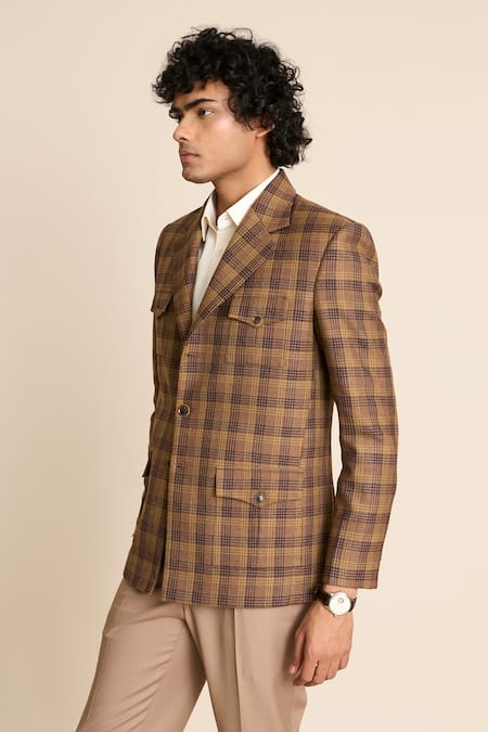 Shop_Gargee Designers_Brown Wool Checkered Pattern Blazer _Online_at_Aza_Fashions