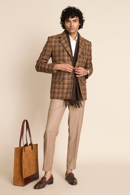 Buy_Gargee Designers_Brown Wool Checkered Pattern Blazer 