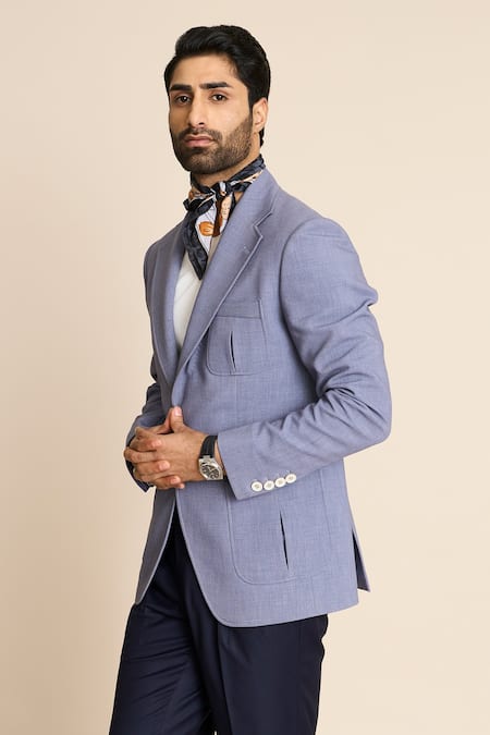 Gargee Designers_Blue Polyester, Viscose Pleated Patch Pocket Single Breasted Blazer _Online_at_Aza_Fashions