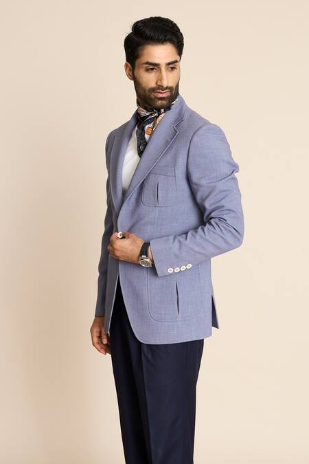Buy_Gargee Designers_Blue Polyester, Viscose Pleated Patch Pocket Single Breasted Blazer _Online_at_Aza_Fashions