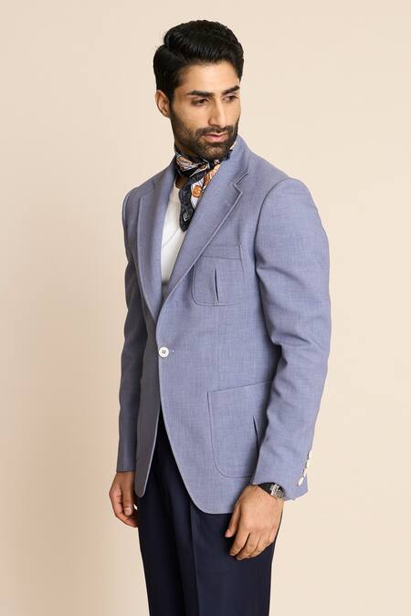 Shop_Gargee Designers_Blue Polyester, Viscose Pleated Patch Pocket Single Breasted Blazer _Online_at_Aza_Fashions