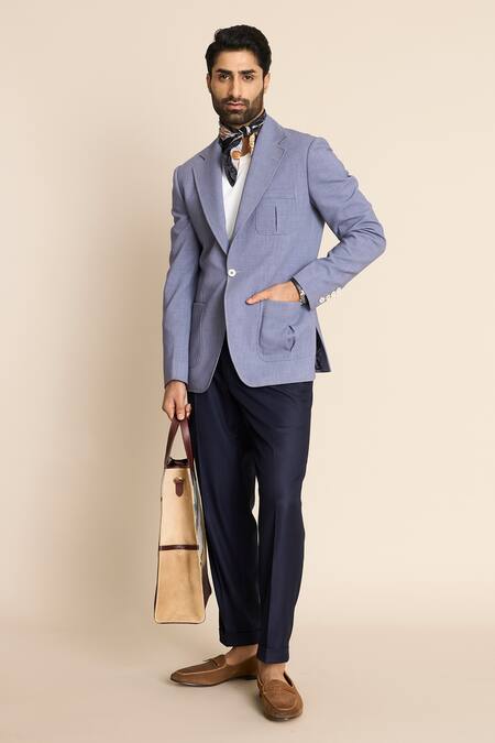 Gargee Designers_Blue Polyester, Viscose Pleated Patch Pocket Single Breasted Blazer _at_Aza_Fashions