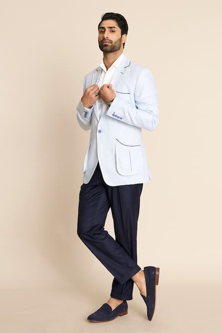 Gargee Designers_Blue Linen Bellows Pocket Blazer _Online_at_Aza_Fashions