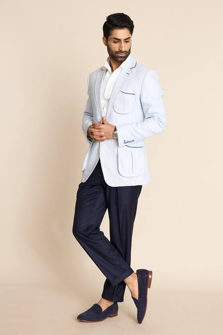 Buy_Gargee Designers_Blue Linen Bellows Pocket Blazer _Online_at_Aza_Fashions