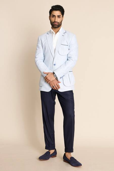 Shop_Gargee Designers_Blue Linen Bellows Pocket Blazer _Online_at_Aza_Fashions
