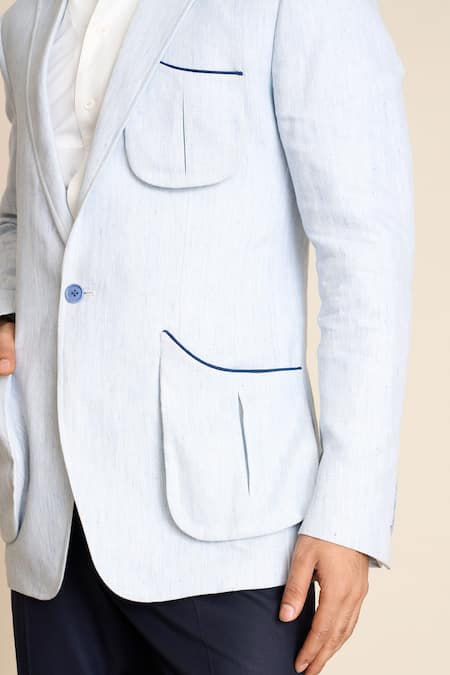 Gargee Designers_Blue Linen Bellows Pocket Blazer _at_Aza_Fashions