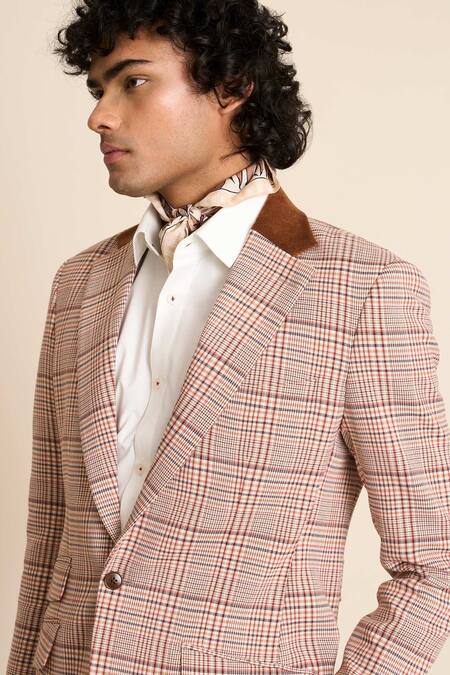 Gargee Designers_Beige Cotton, Viscose Checkered Pattern Single Breasted Blazer _Online_at_Aza_Fashions