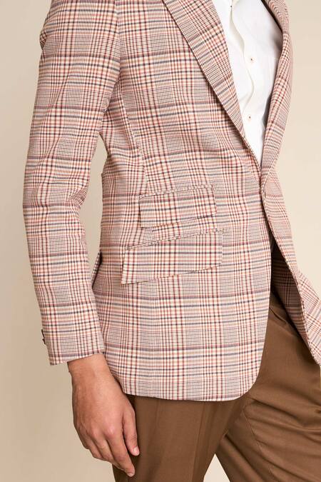 Buy_Gargee Designers_Beige Cotton, Viscose Checkered Pattern Single Breasted Blazer _Online_at_Aza_Fashions