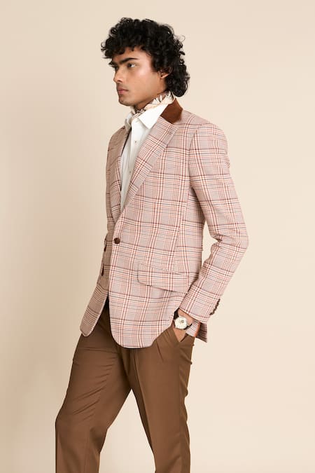 Gargee Designers_Beige Cotton, Viscose Checkered Pattern Single Breasted Blazer _at_Aza_Fashions