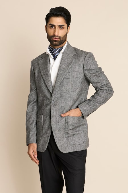 Shop_Gargee Designers_Grey Wool Herringbone Flannel Blazer _Online_at_Aza_Fashions
