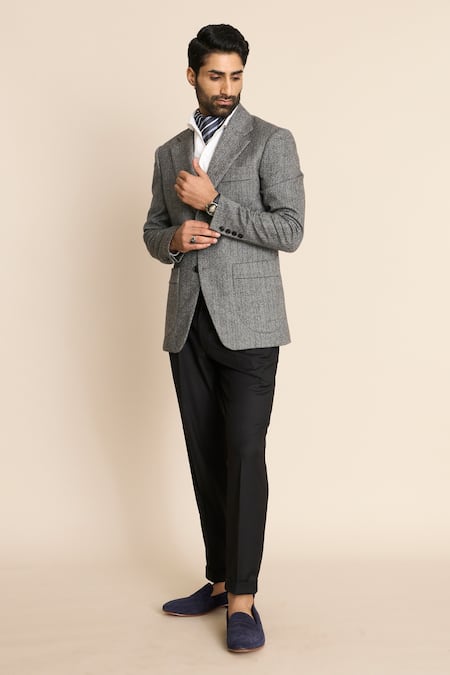 Gargee Designers_Grey Wool Herringbone Flannel Blazer _at_Aza_Fashions