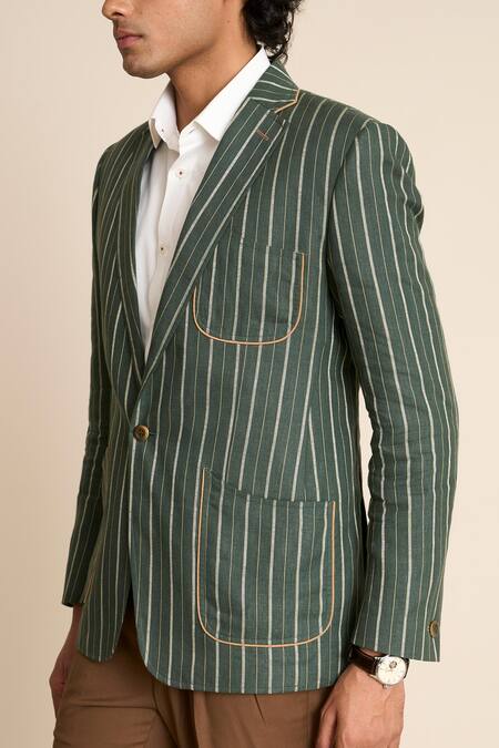 Gargee Designers_Green Linen Striped Pattern Blazer _Online_at_Aza_Fashions