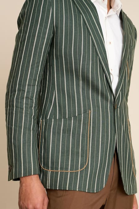 Buy_Gargee Designers_Green Linen Striped Pattern Blazer _Online_at_Aza_Fashions