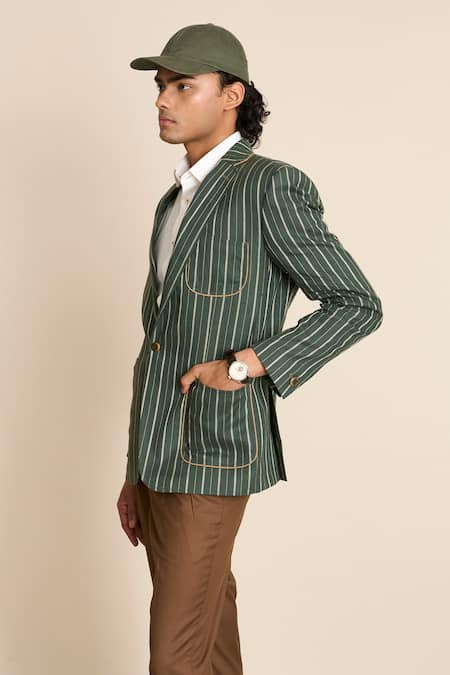 Shop_Gargee Designers_Green Linen Striped Pattern Blazer _Online_at_Aza_Fashions