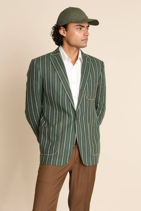 Gargee Designers_Green Linen Striped Pattern Blazer _at_Aza_Fashions